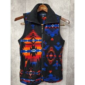 Vtg Chaps Denim Ralph Lauren Axtec Fleece Vest Womens Medium Southwestern Zip